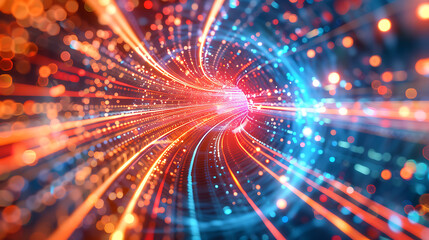 The image is vibrant, with red, orange, and blue hues dominating the scene. It appears to represent digital data or information traveling at high speed through a tunnel or pathway