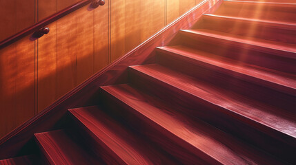 Rich mahogany stairs with a sleek wooden handrail, full perspective view in warm tones.