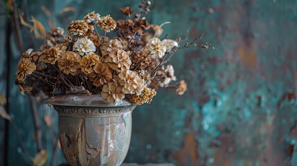 Dried flowers in a pot against the background of an old wall