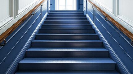 Sapphire blue stairs with a contemporary wooden handrail, full angled view in a chic interior.