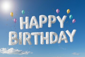 Happy Birthday written on blue sky with cloud word 