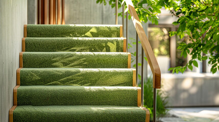 Seagrass green stairs with a wooden handrail, full profile side view.