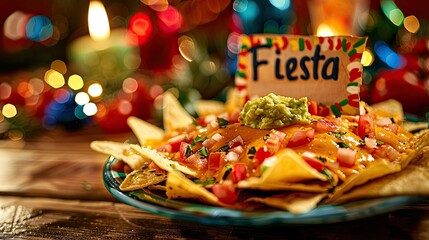 On a rustic wooden table sits a tantalizing plate of Mexican nachos piled high with fresh tomatoes creamy guacamole and decadent cheese sauce A festive note bearing the word Fiesta adds to  - Powered by Adobe