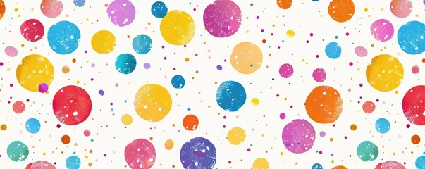 Colorful painted dots in various sizes sprinkled on a white background, presenting a joyful and playful expression.