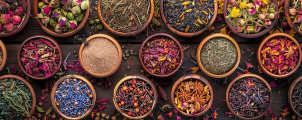 Various dried herbs and flowers beautifully arranged for herbal tea preparation on a rustic wooden surface.