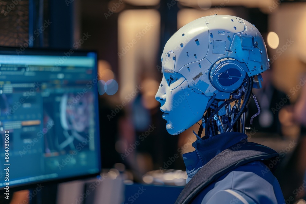 Poster close-up of an advanced android head featuring detailed circuitry and futuristic design elements in 
