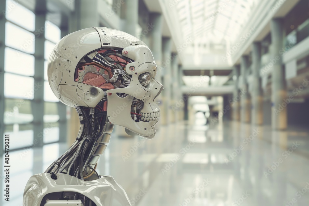 Poster a humanoid robot skull with intricate inner workings is displayed in a high-tech looking corridor