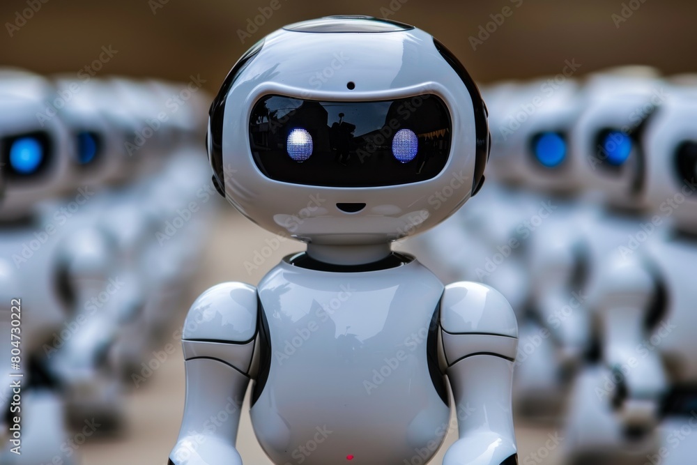 Poster a fleet of advanced humanoid robots pose, reflecting humanity's technological progress and ai potent