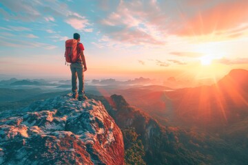 A lone explorer stands atop a rugged peak to witness the breathtaking sunrise over a vast mountain range