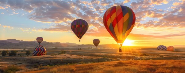 Stunning landscape at sunrise with multiple hot air balloons floating over unique rock formations.