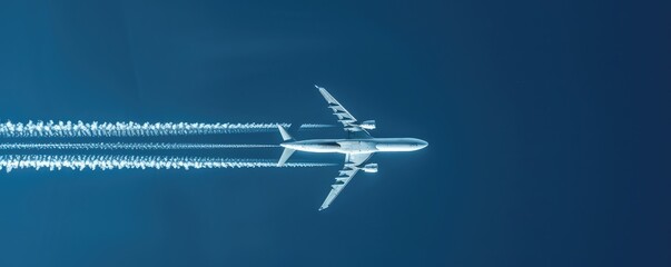 Clear, crisp image of an airplane high in the sky, leaving a long contrail behind, set against a deep blue.