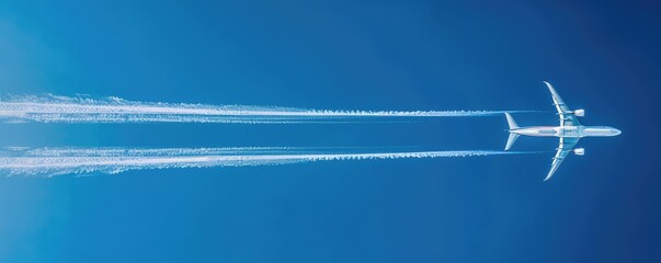 Clear, crisp image of an airplane high in the sky, leaving a long contrail behind, set against a deep blue.