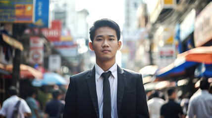 Portrait of asian handsome and smart businessman with people on background