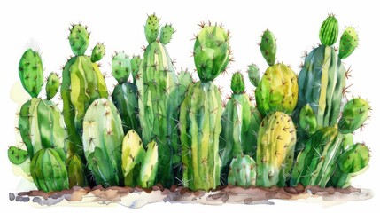 A beautiful watercolor painting of a cactus garden