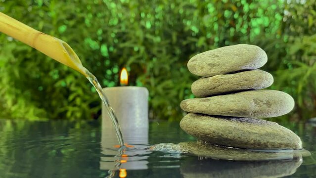 Bamboo Fountain, Candle and Gray Zen Stones