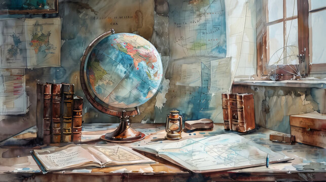 A watercolor painting of a desk with a globe on it. There are books and papers on the desk, and a window in the background.