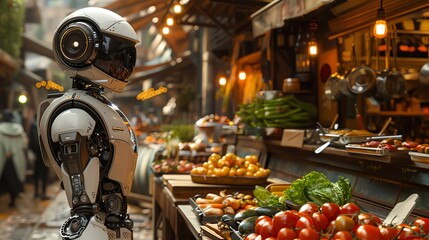 Craft a dynamic scene of a wide-angle view showcasing a robotic chef expertly cooking traditional dishes with a futuristic flair using photorealistic digital rendering techniques
