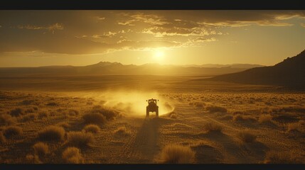 title. farmer in tractor spraying fertilizer on corn field at sunset,