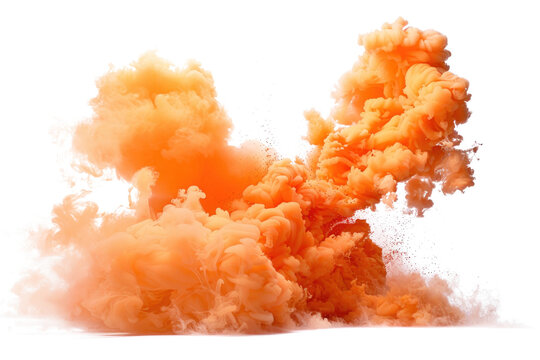 Bright orange smoke cloud explosion on transparent background.
