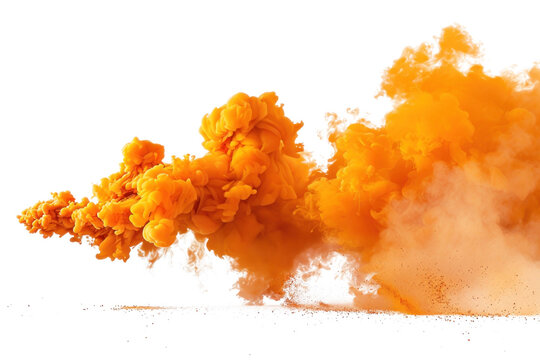 Bright orange smoke cloud explosion on transparent background.