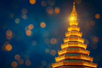 Golden pagoda on blue bokeh background,Thailand.