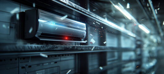 Obraz premium A futuristic heating system designed in a modern matrix look. Which merge seamlessly with the background. The combined heating and air conditioning system is ultra-modern and reliable.