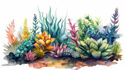 Succulent plants of various colors and shapes arranged in a garden setting.