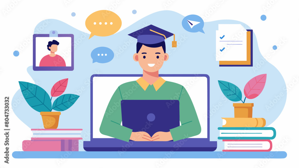 Poster a fully online university student attending a virtual lecture on their laptop with personalized acce