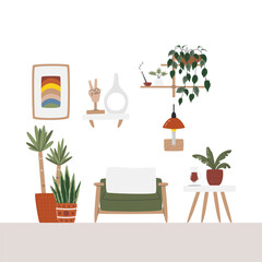 Resting and relaxing zone. Lounge area with many houseplants in house. Home office interior part design. Cozy scene with cute furniture and home decor. Living room hand drawn flat vector illustration