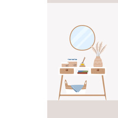 House entrance in minimalist mid-century style. Social media post design with copy space on the left. Banner template residential domestic scene. Home interior hand drawn flat vector illustration