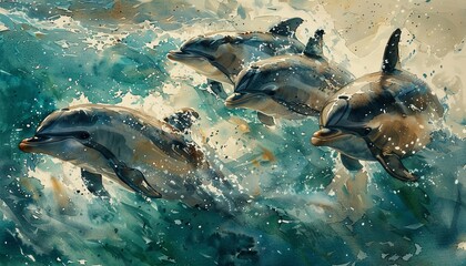 Craft a scene of a pod of dolphins navigating the ocean depths, showcasing teamwork and communication from a birds-eye view perspective Use watercolor techniques to bring out the fluidity and harmony