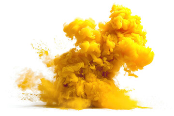 Vibrant yellow smoke cloud explosion on transparent background.