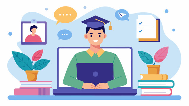 A fully online university student attending a virtual lecture on their laptop with personalized access to supplementary materials and interactive. Vector illustration