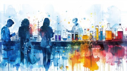 The image is a watercolor painting of a group of people walking in a city. The colors are vibrant and the people are depicted as silhouettes.