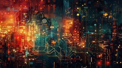 Obraz premium The image is an abstract painting with bright, glowing colors. It looks like a circuit board.