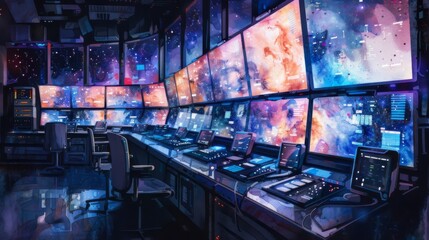 The image shows a control room. There are many screens on the wall, showing different things. There is a desk in front of the screens with a lot of buttons and switches.