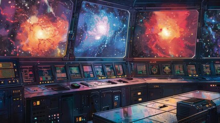 The image shows a control room of a spaceship. There are three screens showing different parts of the ship. The control panel is in the center of the room.