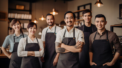 A young barista, coffee shop owner and his co-workers standing at the entrance