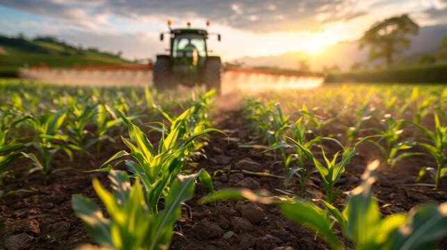 Modern farmer driving tractor while spraying fertilizer on a beautiful corn field at sunset