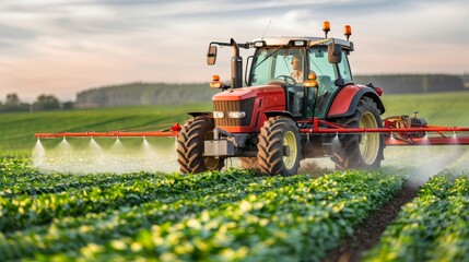 Fototapeta premium Agricultural farmer applying organic fertilizer on corn farm during golden sunset
