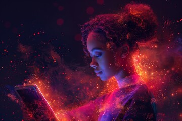 Graphic of a low poly female using a tablet to complete an online course.