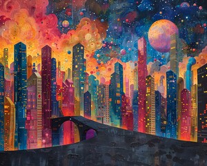 Craft an acrylic painting of a sprawling metropolis with interconnected buildings, each representing different blockchain realms Use rich colors and intricate details to showcase a harmonious yet futu