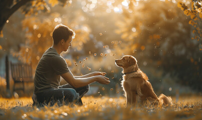 A dog with his owner in the park playing and looking happy., dog training session capturing a happy...