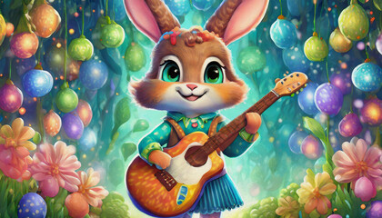 Fototapeta premium oil painting style cartoon character baby rabbit young aspiring musician holding an electric guitar with stage, 
