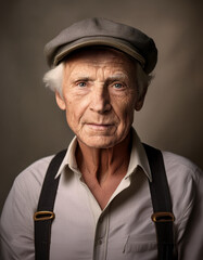 A portrait of an old man, wearing a cap, white shirt, and suspenders against a neutral background