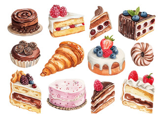 Watercolor cupcakes set vector with different type of cupcakes: strawberry, blueberry, chocolate. citrus, raspberry. Isolated use for different design of menu, advertisement, cafe etc