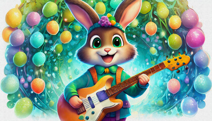 oil painting style cartoon character baby rabbit young aspiring musician holding an electric guitar with stage,  - obrazy, fototapety, plakaty