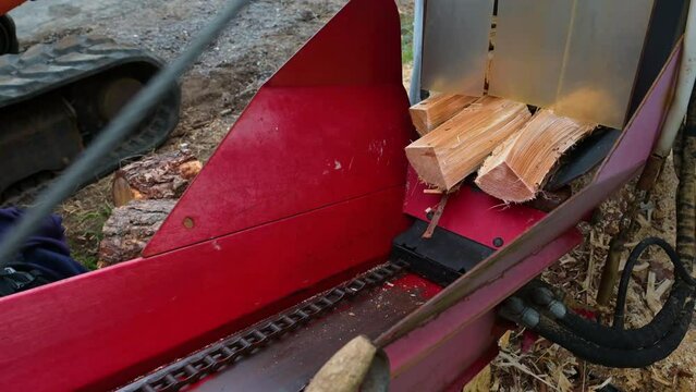 Chopped wood logs on a conveyor belt