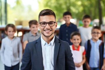 Fototapeta premium Man Engages With Children in Classroom Setting