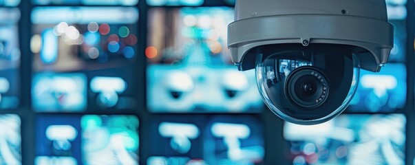 Security surveillance camera in operation. wide banner